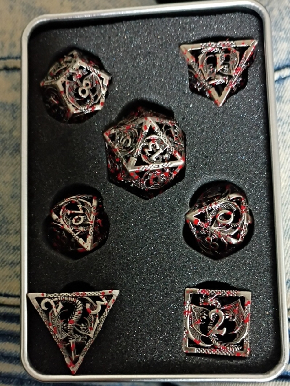 Metal RPG Dice Set in Black and Red - 7-Piece Home Games Set